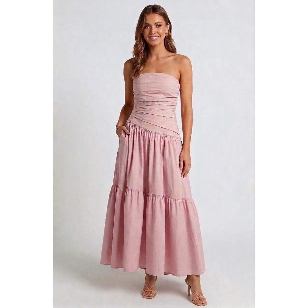Petal & Pup Pink Blanche Strapless Ruched Cotton Maxi Dress Asymmetrical Waist S